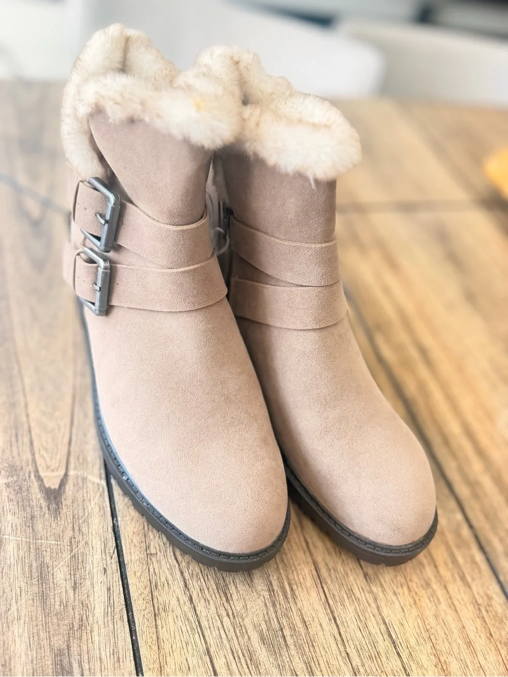 Universal Thread tan faux-suede double-buckle moto ankle boots feature a plush